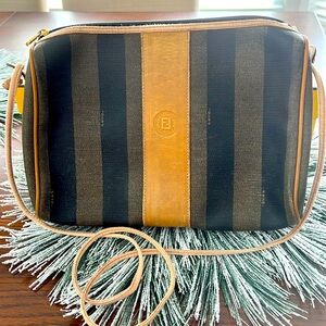 FENDI Vintage Pequin Striped Black Coated Canvas Leather Shoulder Bag Crossbody